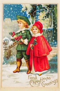 Christmas Postcard Die Cut Boy Girl Snow Greeting Victorian Matte Frame Vintage - Picture 1 of 4
