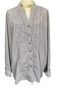 Vintage Button Up Ruffle Striped Shirt Purple White Long Sleeve Sz 2XL Route 66 - Picture 1 of 15