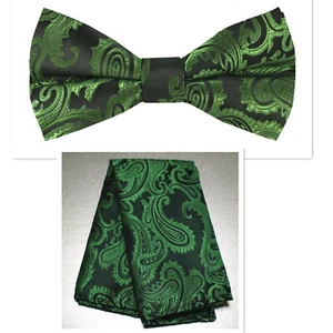 Forest Green / Black Tone Paisley Pre-tied Bow tie and Pocket Square Hanky Set  - Picture 1 of 1