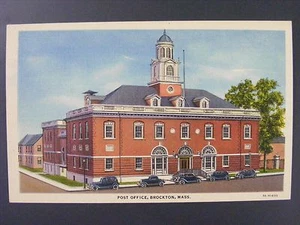 Brockton Massachusetts Oficina de Correos Coches Antiguos Curt Teich De Colección Lino Postal 1933 - Imagen 1 de 2