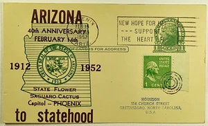 1952 Arizona 40th Statehood Anniversary Postal Stationery Card - Picture 1 of 2