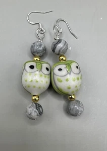 Handcrafted Ceramic Owl Earrings & Gemstones - Picture 1 of 3