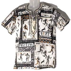African Men's Safari Tribal Bush Shirt, L, Embroidered Split Collar, Hunters Dog - Picture 1 of 11