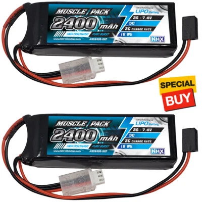 NHX Muscle Pack 2S 7.4V 2400mAh 5C RX Receiver Lipo Battery (2) w/ Servo Connctr - Image 1 of 4