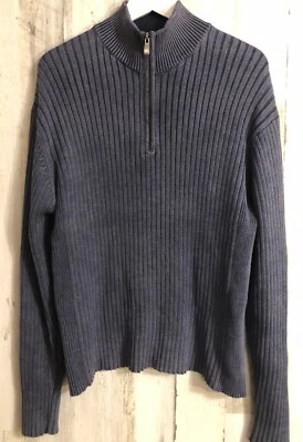 vtg STRUCTURE 1/4 Zip Sweater Sz M Blue Ribbed Knit Stand Up Collar Hong Kong - Image 1 of 4