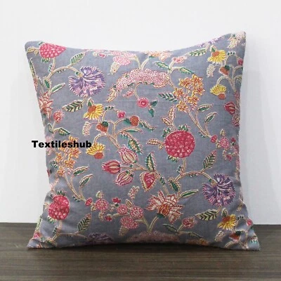 Indian Cotton Grey Floral Home Room Décor Pillow Cover Case Sofa Cushion Covers - Image 1 of 4