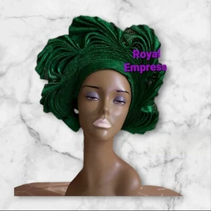 Aso-Oke African Headtie Auto Gele, Royal Green Empress headwear - Picture 1 of 4