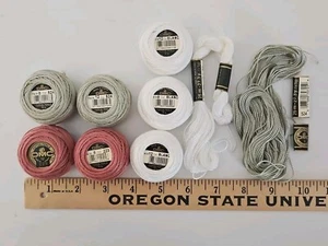 MIXED LOT OF 9 Skeins DMC Pearl Cotton 223 Pink 524 Green White Blanc Sz. 5-8-12 - Picture 1 of 6