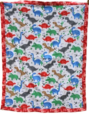 DINOSAUR BLANKET 54x44 HANDMADE Double Sided Flannel Satin Trim Primary Colors - Image 1 of 4