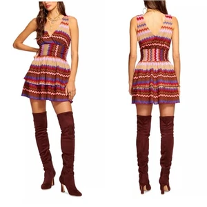 Ramy Brook Laura Strick Zickzack Metallic Stufen Mini Kleid V-Ausschnitt Medium NEU - Bild 1 von 8