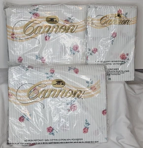 Vintage Cannon Queen Bettwäsche 3er Set Rosa Rose Gestreift Poly Baumwolle Neu - Bild 1 von 7