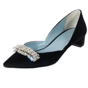 1x getragene FRANCES VALENTINE Low Heel Pumps Gr. 8,5 B schwarz Samt spitz zulaufend Edelsteine - Bild 1 von 7