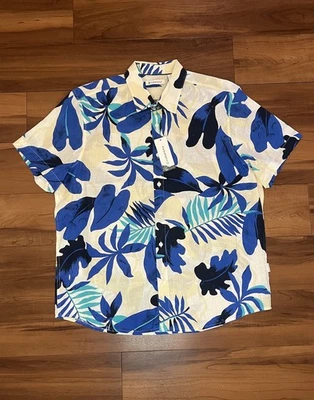 Рубашка Cubavera гавайская льняная смесь на пуговицах с коротким рукавом белая синяя мужская размер XL - Изображение 1 из 4