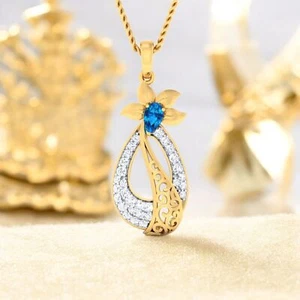 1.12 Cts F/VS1 Round Brilliant Cut Pave Diamonds Blue Sapphire Necklace 14K Gold - Picture 1 of 5