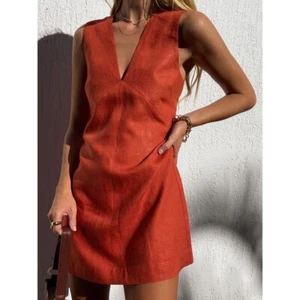 Commense Linen Blend Mini Dress Sleeveless V-Neck Casual Summer Red/Orange XL - Picture 1 of 5