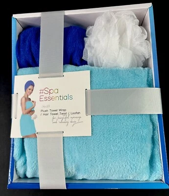 Novo Spa Essentials Toalha de Pelúcia Envoltório/Toalha de Cabelo Torção/Bochecha CONJUNTO CAIXA DE PRESENTE Azul - Imagem 1 de 2