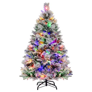 4.5 FT Pre-Lit Snow Flocked Christmas Tree Hinged Xmas Tree W/8 Modes 160 Lights - Picture 1 of 12