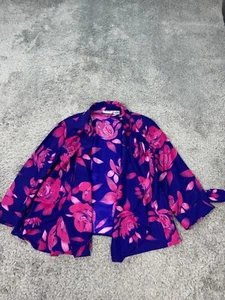 Selene Sport Top Womens Large Purple Floral Satin Open Front Boho Silky Blouse - Picture 1 of 8