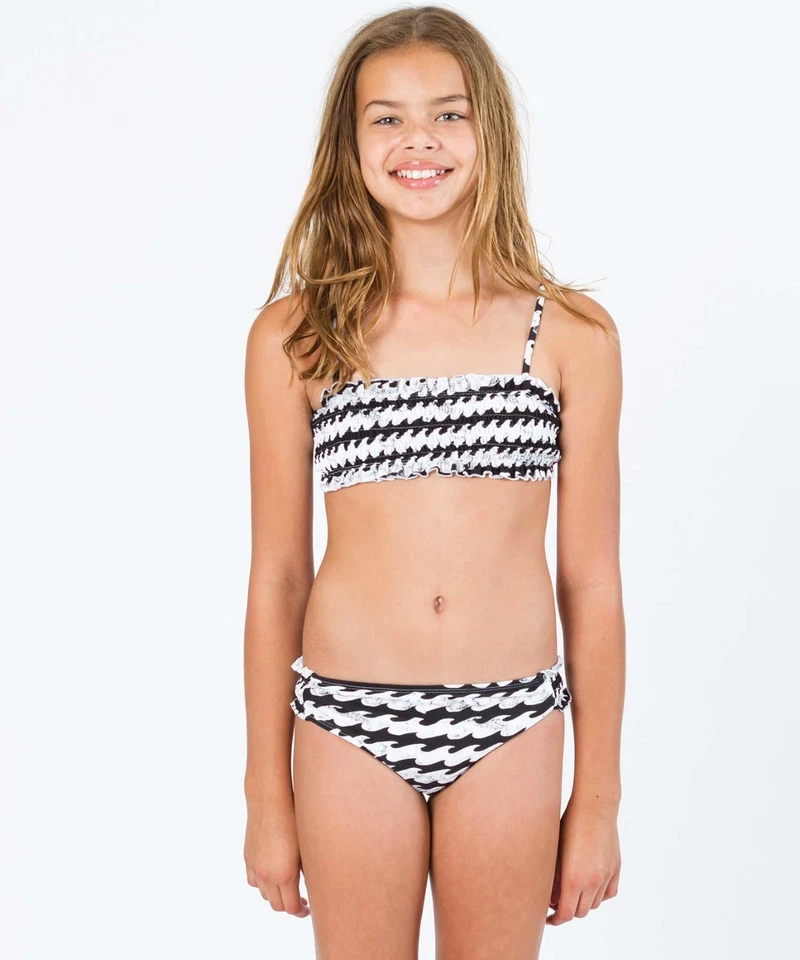 BILLABONG WAVE BANDEAU BIKINI CHEVRON RUFFLE SWIMSUIT BLACK WHITE SMALL NEW $49 - Image 1 of 1
