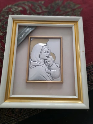 quadro su lastra in argento 996-madonna cn bambino-misure 22x25 cm. - Immagine 1 di 4