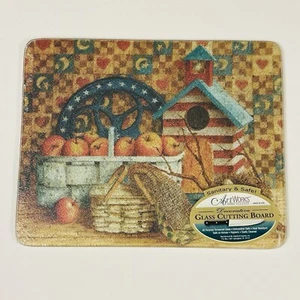 Art Works Decorative Tempered Glass Cutting Board Apple Basket Birdhouse 10"x8" - Picture 1 of 6