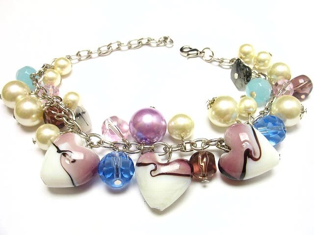 PULSERA PÚRPURA ELEGANTE CORAZÓN CUENTAS PERLAS DE IMITACIÓN ENCANTO BR_SAS 129213 Foto 1 de 1