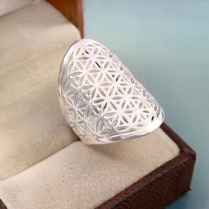 Solid 925 Sterling Silver Flower of Life Ring Handmade Stackable Mandala Ring - Picture 1 of 4