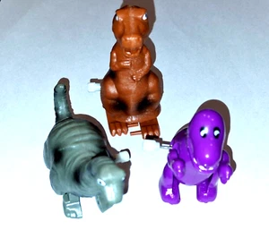 Lot of 3 Vintage Dinosaur Wind-Up Walking 2-3” Figures, T Rex, Brachio, Barney - Picture 1 of 8