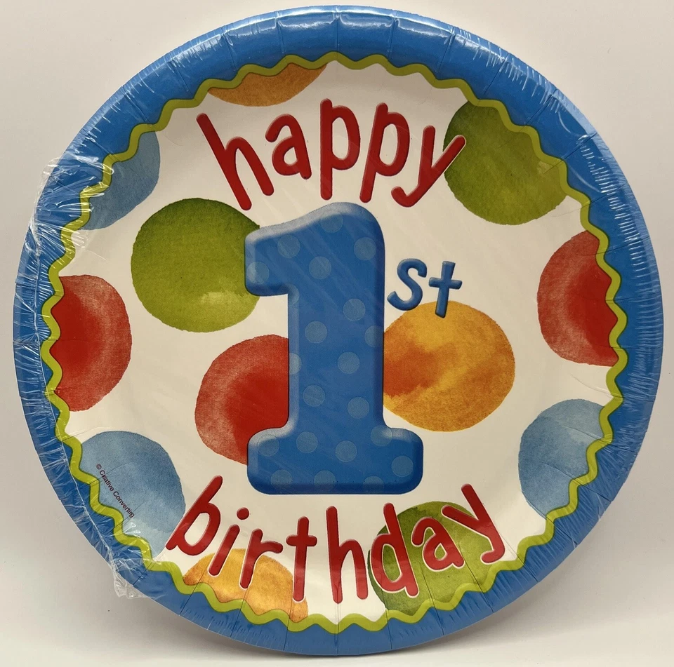 Big 1 Dots Boy 1st Polka Blue Kids First Birthday Party 9" Paper Dinner Plates - Image 1 of 1
