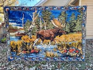 Vintage Italian Velvet Tapestry Wall Rug Hanging Moose MCM Cabin Made In Italy - Picture 1 of 13
