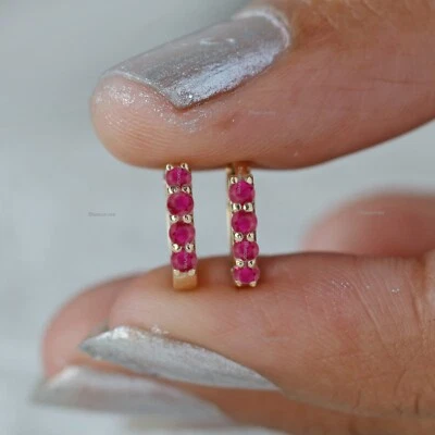 Natural Four Ruby 11mm Hoops Earrings 14k Yellow Gold, 2mm Ruby Mini Huggies - Image 1 of 4