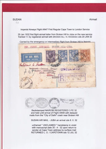 Sudan 1932 Airmail "imperial airways"  Northern Rhodesia to Juba  Delhi Crash Cover