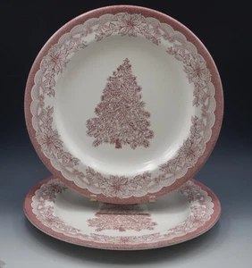 STAFFORDSHIRE ENGRAVINGS YULETIDE PINK CHRISTMAS TREE 2 DINNER PLATES 10.5" - Picture 1 of 4