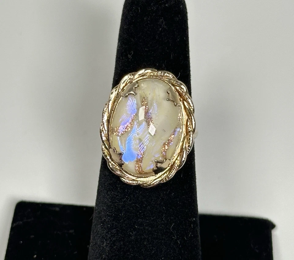 Gold Tone Glittery Iridescent Glass Cabochon Cocktail Ring Size 5.5 Adjustable - Image 1 of 4