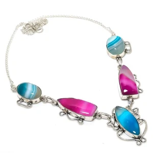 Collar de plata de ley 925 con piedras preciosas de ágata de encaje rosa natural O250 - Imagen 1 de 6