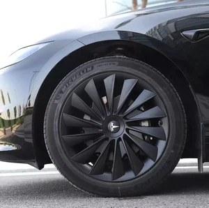 Style 3  Set of 4 Aftermarket Wheel Covers Fits Tesla Model Y 19 inch White Logo - Picture 1 of 15