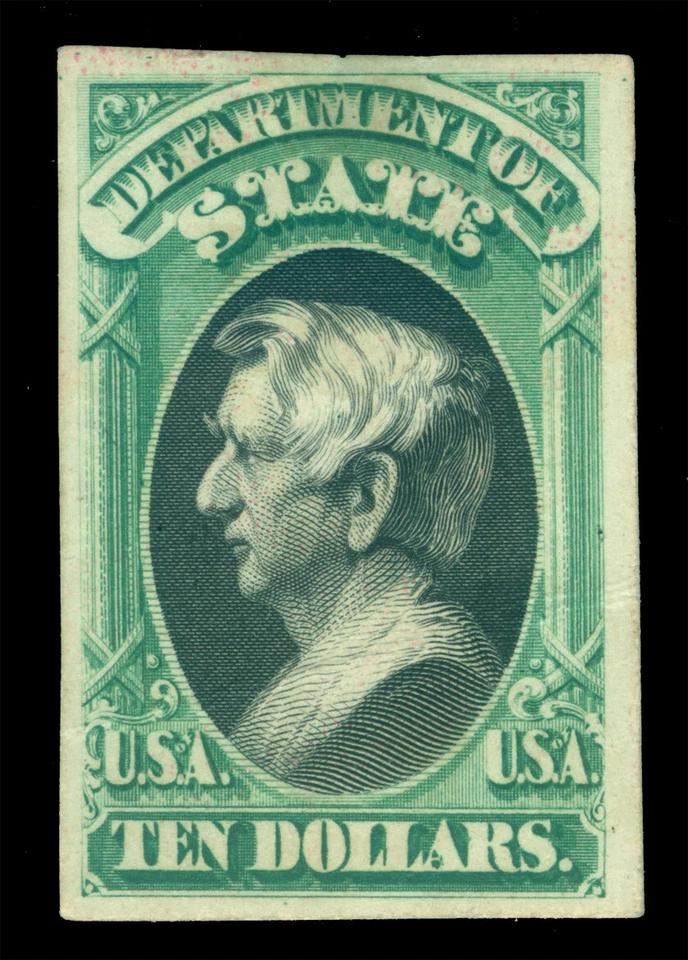 US 1873 OFFICIALS - State Depart. -Seward $10 grn Sc# O70 plate proof on card pp - Image 1 of 2