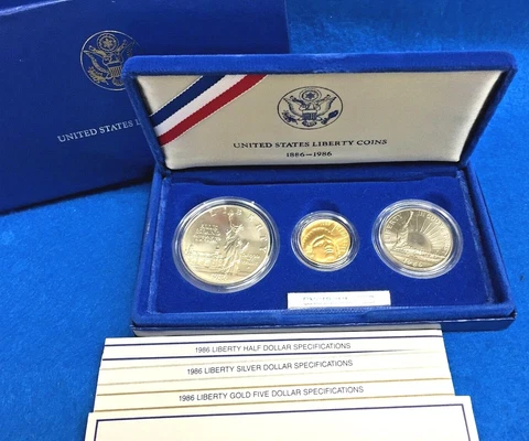 1986 Statue Of Liberty 3 Coin Gold + Silver BU Set w/Box + COA ~ Mint Cover