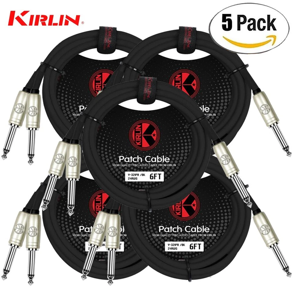 PACK de 5 cables Kirlin 6 pies 1/4" mono a doble 1/4" mono sin ruido Y-321 PR-06/BK Foto 1 de 1