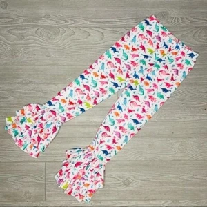 Watercolor dinosaur ruffle bottom pants size 8/9 bell bottom girl pants - Picture 1 of 3