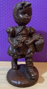 Vintage Wood Carved Girl with Flowers Hand Sculpted Red Mill. Like Hummel. Gift - Picture 1 of 5