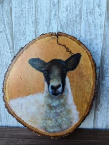 Sweet Original Oil Painting of Sheep Lamb On Live Edge Wood Board.  - Picture 1 of 12