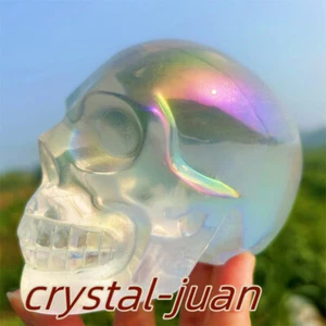 4"+Larg Titanium Rainbow Aura Crystal Skull Hand Carved Quartz Crystal Skull 1pc - Picture 1 of 22
