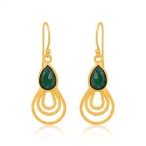18K Gold Plated Handmade Green Aventurine Teardrop Women Dangle Fashion Earrings - Picture 1 of 6