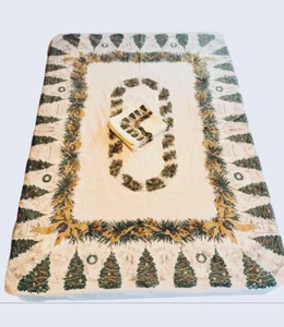 Vintage Christmas Linen Rectangle Table Cloth & 8 Napkins Green Ivory Trees - Picture 1 of 11