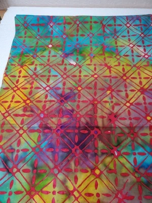 Vntg Fabric Batik Tie Dye Diamond Geometric Blue Pink Purple Yell Cotton 1ydx44" - Image 1 of 4
