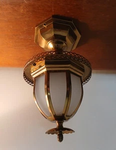 Antique Vintage Brass Semi-Flush Mount Ceiling Light Fixture 8 Glass Panels - Picture 1 of 11