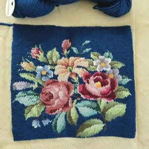 Pre-Worked Blue Pink Rose Floral Needlepoint Canvas Paternayan Virgin Wool - Picture 1 of 5