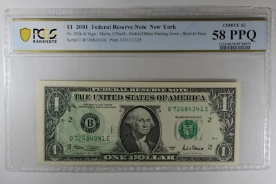2001 $1 PCGS AU58PPQ  PARTIAL OFFSET PRINTING ERROR - CONSEC.SERIAL #'S (2) - Image 1 of 4