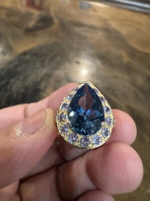 3.20 DWT  Pear Blue 6 Ct Topaz And 1ct Tanz Halo Ring 10k Yellow Gold Size 8 - Image 1 of 4